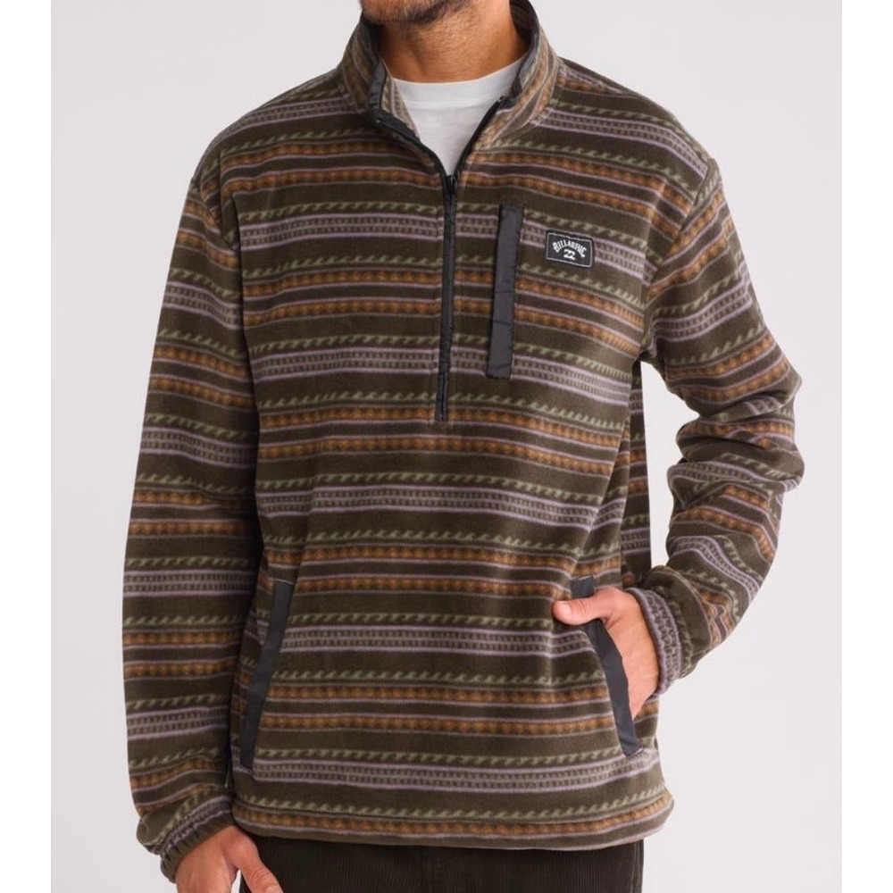 Billabong Men  Half Zip Fleece Pullover Olive Striped Jacket M